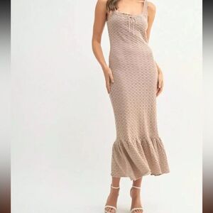 Mable Neutral Taupe Knit Maxi Dress with Ruffle Hem